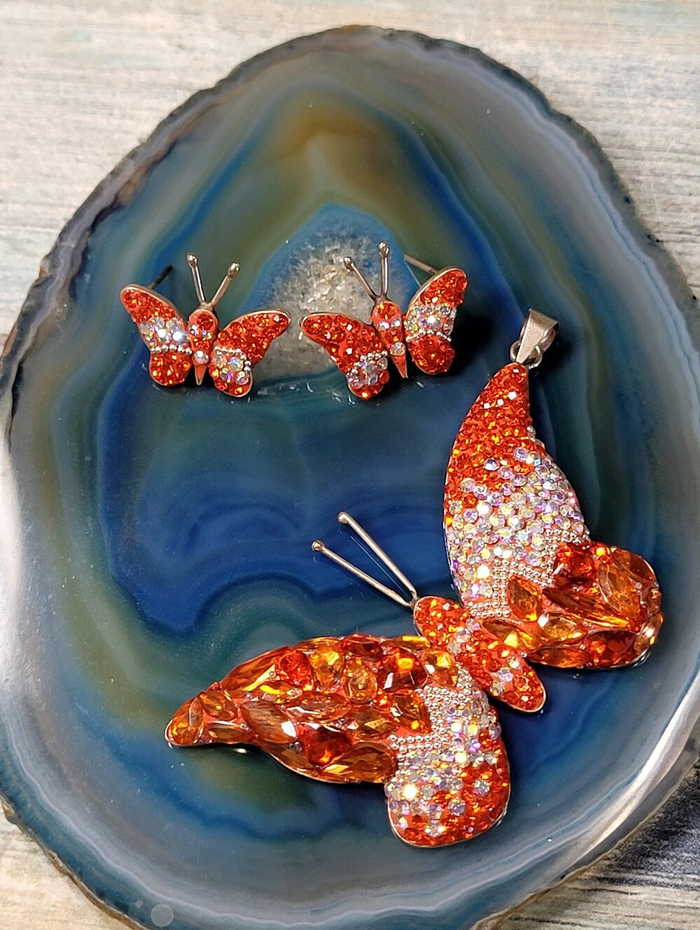 Sparkling Orange Butterfly Pendant and Stud Earrings Set